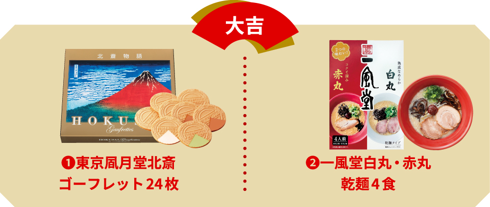 大吉 ①東京風月堂北斎ゴーフレット24枚 ②一風堂白丸・赤丸、乾麺4食